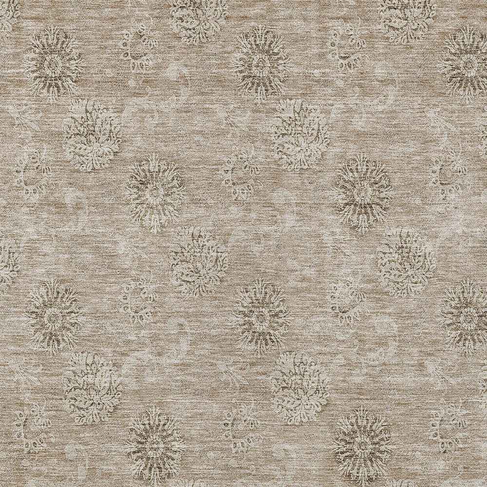 9' X 12' Khaki Beige And Tan Floral Washable Indoor Outdoor Area Rug
