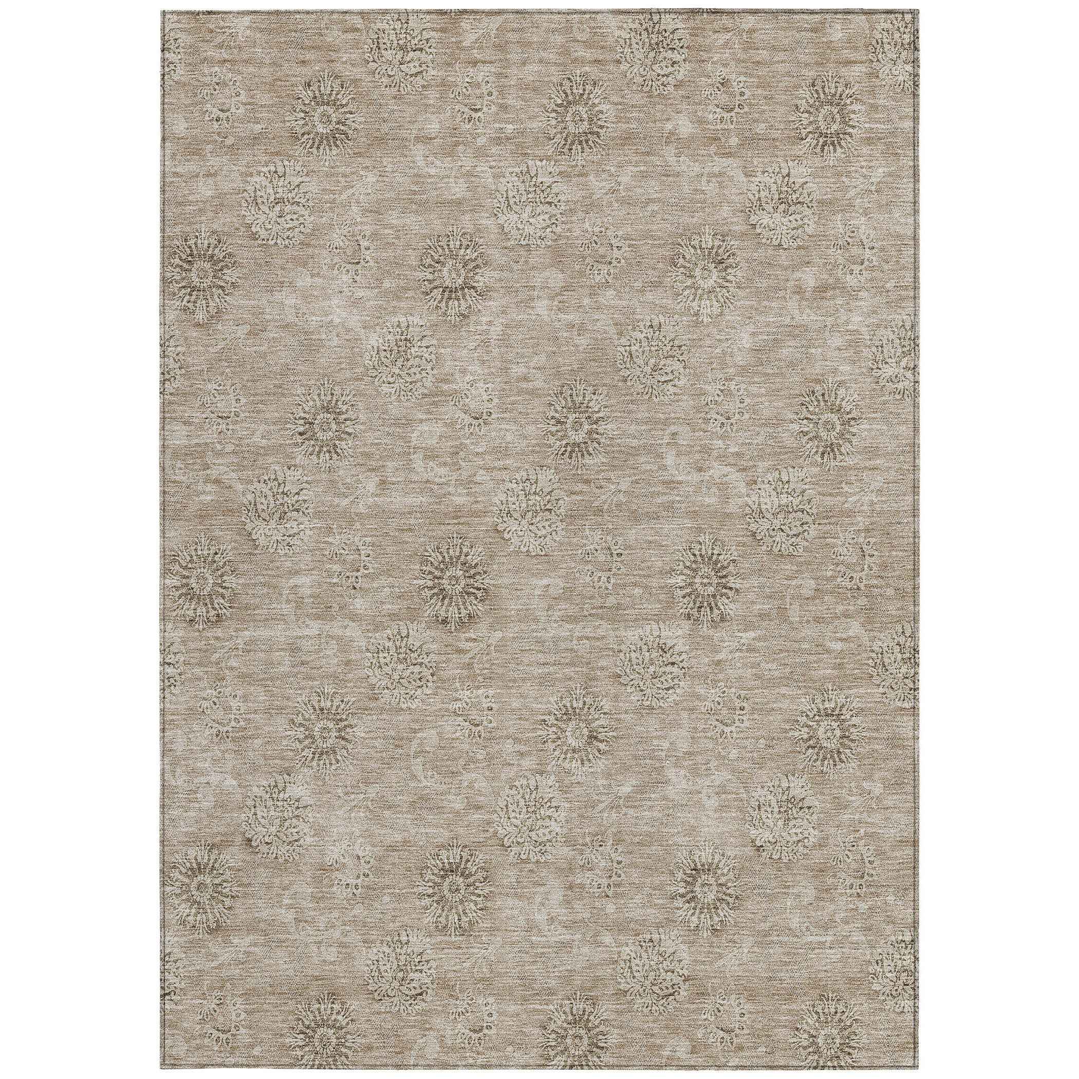 9' X 12' Khaki Beige And Tan Floral Washable Indoor Outdoor Area Rug