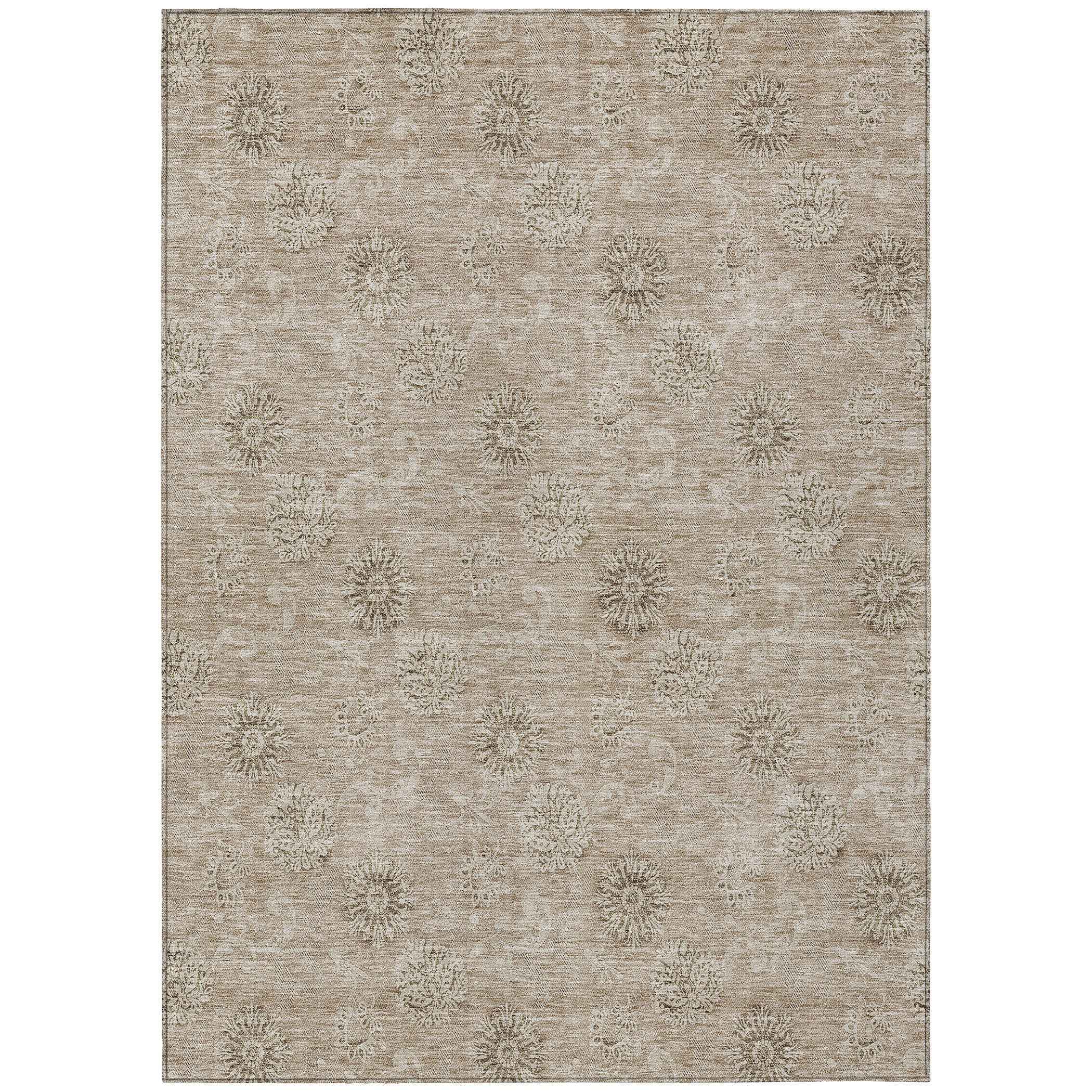 9' X 12' Khaki Beige And Tan Floral Washable Indoor Outdoor Area Rug