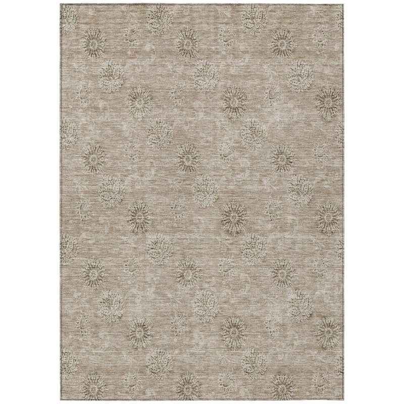9' X 12' Khaki Beige And Tan Floral Washable Indoor Outdoor Area Rug