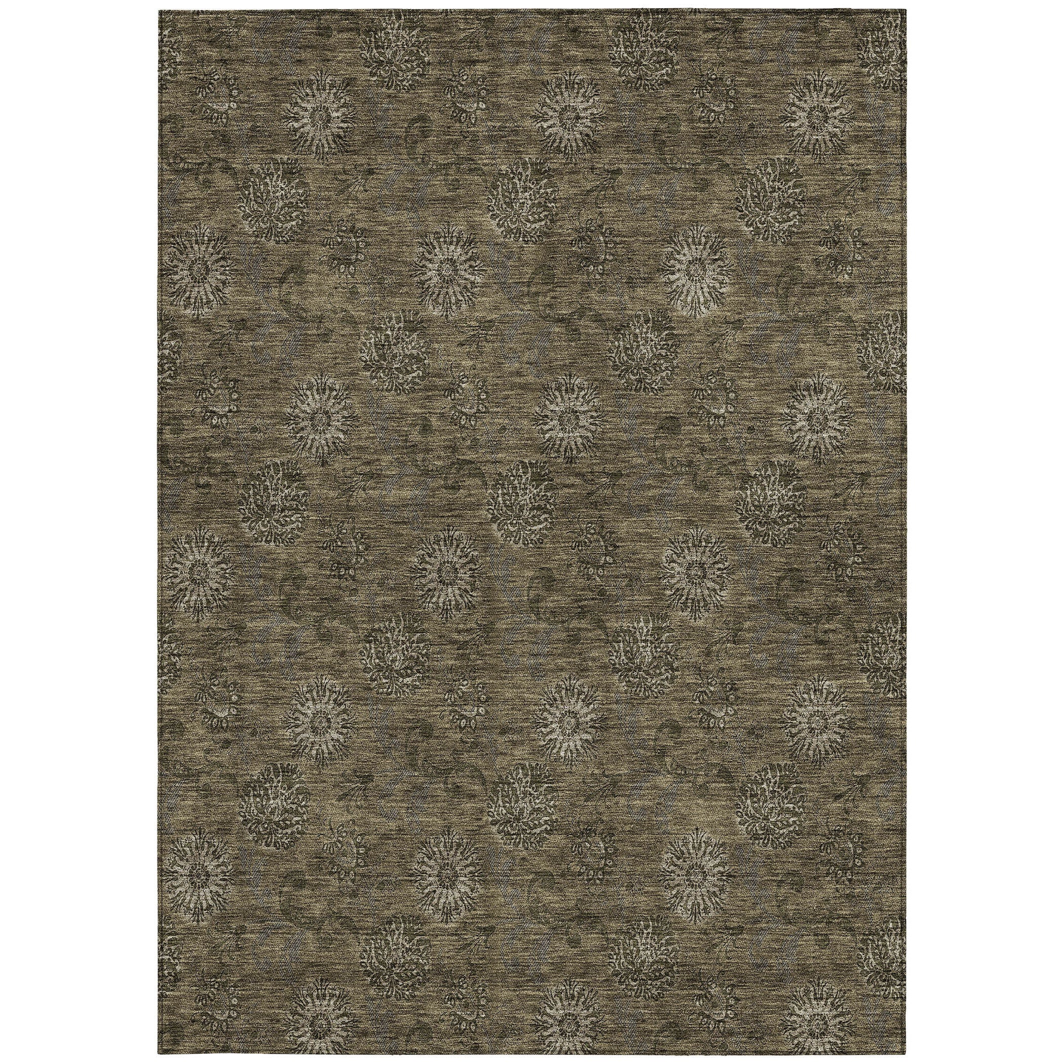 9' X 12' Brown And Beige Floral Washable Indoor Outdoor Area Rug - Outdoor