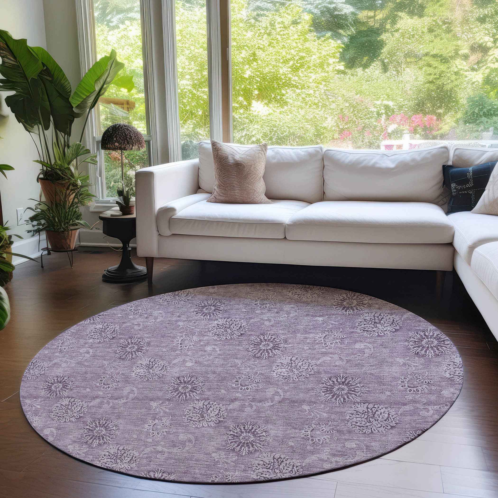 8' Plum And Purple Round Floral Washable Indoor Outdoor Area Rug