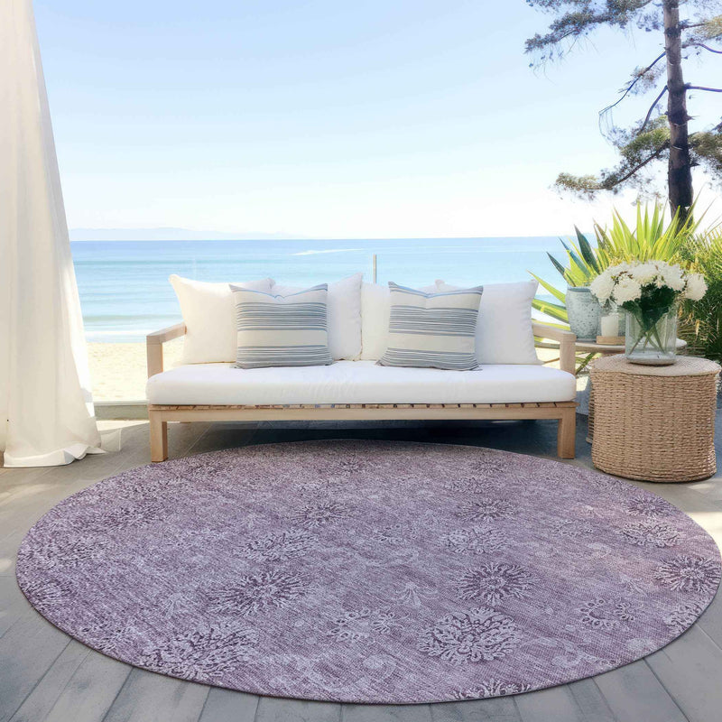 8' Plum And Purple Round Floral Washable Indoor Outdoor Area Rug