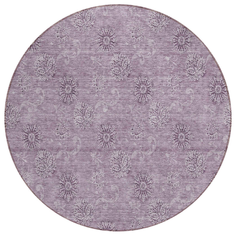 8' Plum And Purple Round Floral Washable Indoor Outdoor Area Rug