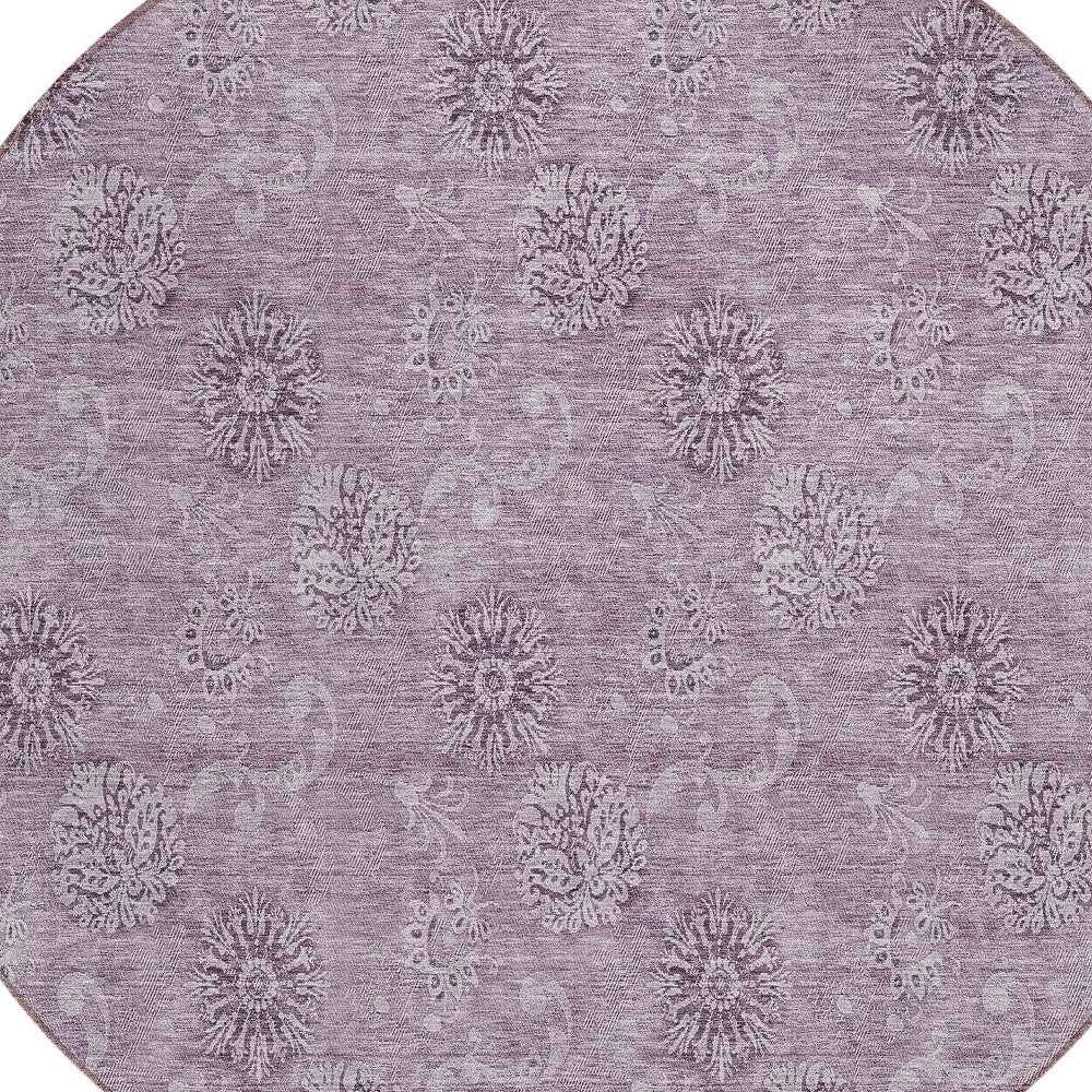 8' Plum And Purple Round Floral Washable Indoor Outdoor Area Rug