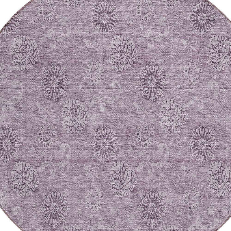 8' Plum And Purple Round Floral Washable Indoor Outdoor Area Rug
