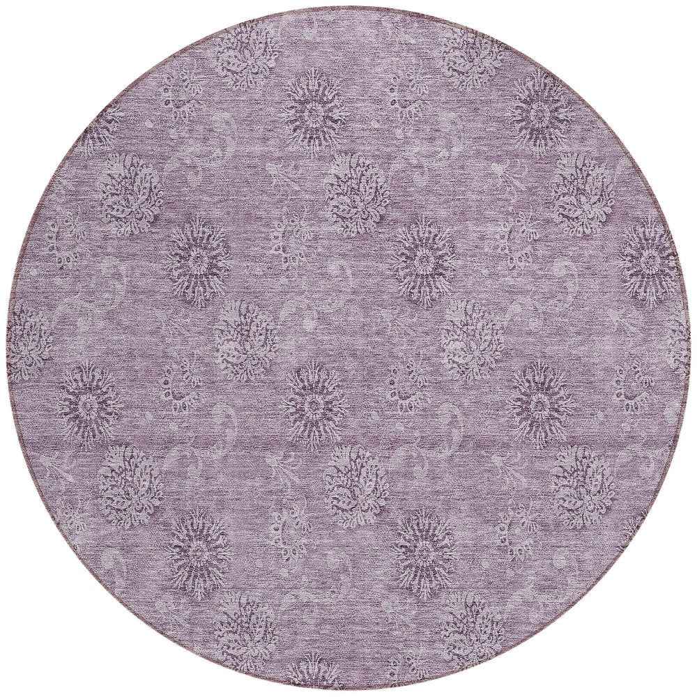 8' Plum And Purple Round Floral Washable Indoor Outdoor Area Rug