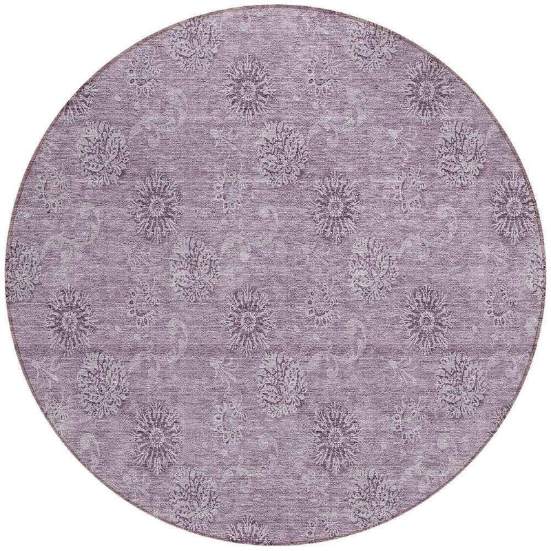 8' Plum And Purple Round Floral Washable Indoor Outdoor Area Rug