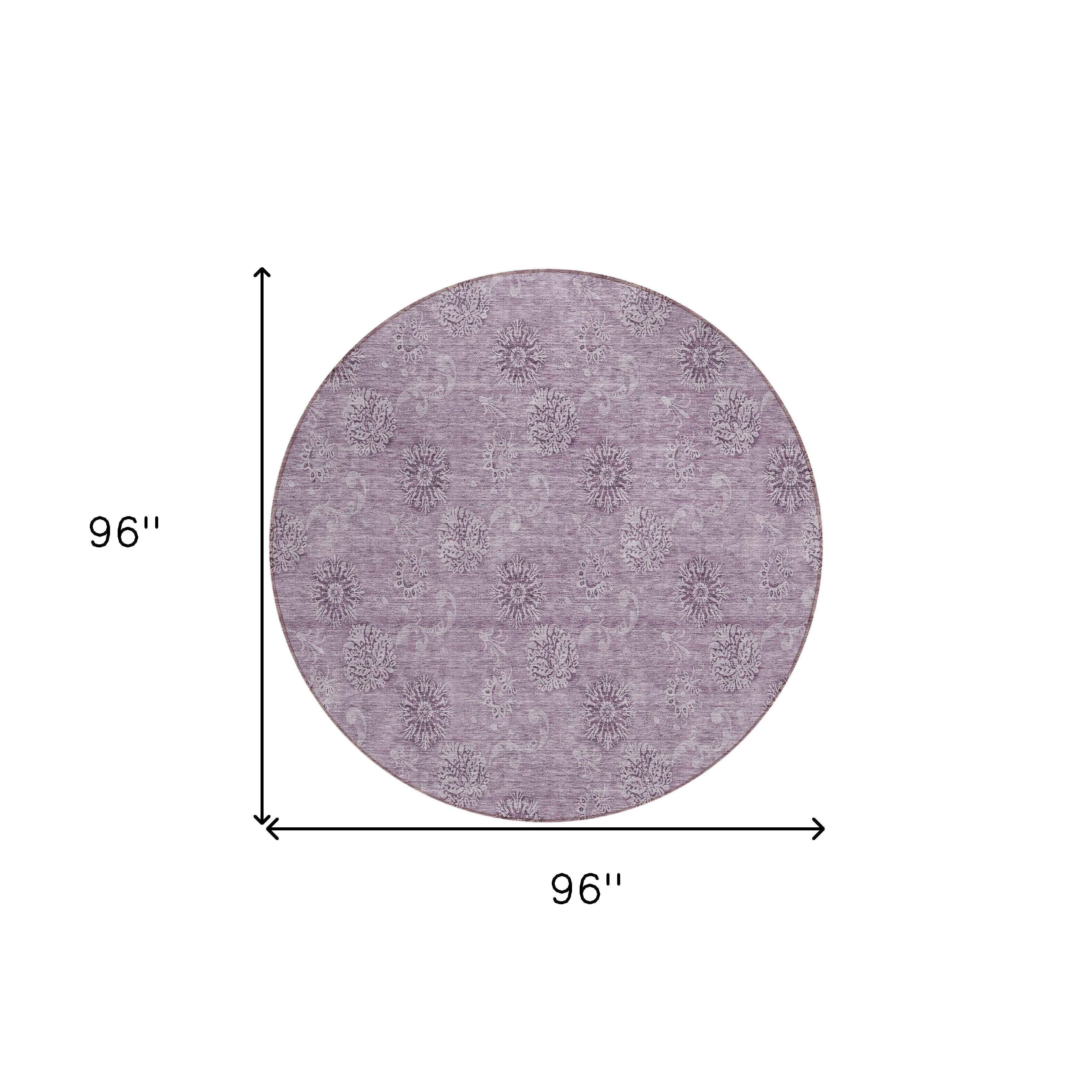 8' Plum And Purple Round Floral Washable Indoor Outdoor Area Rug