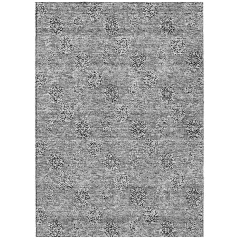 9' X 12' Pewter And Gray Floral Washable Indoor Outdoor Area Rug