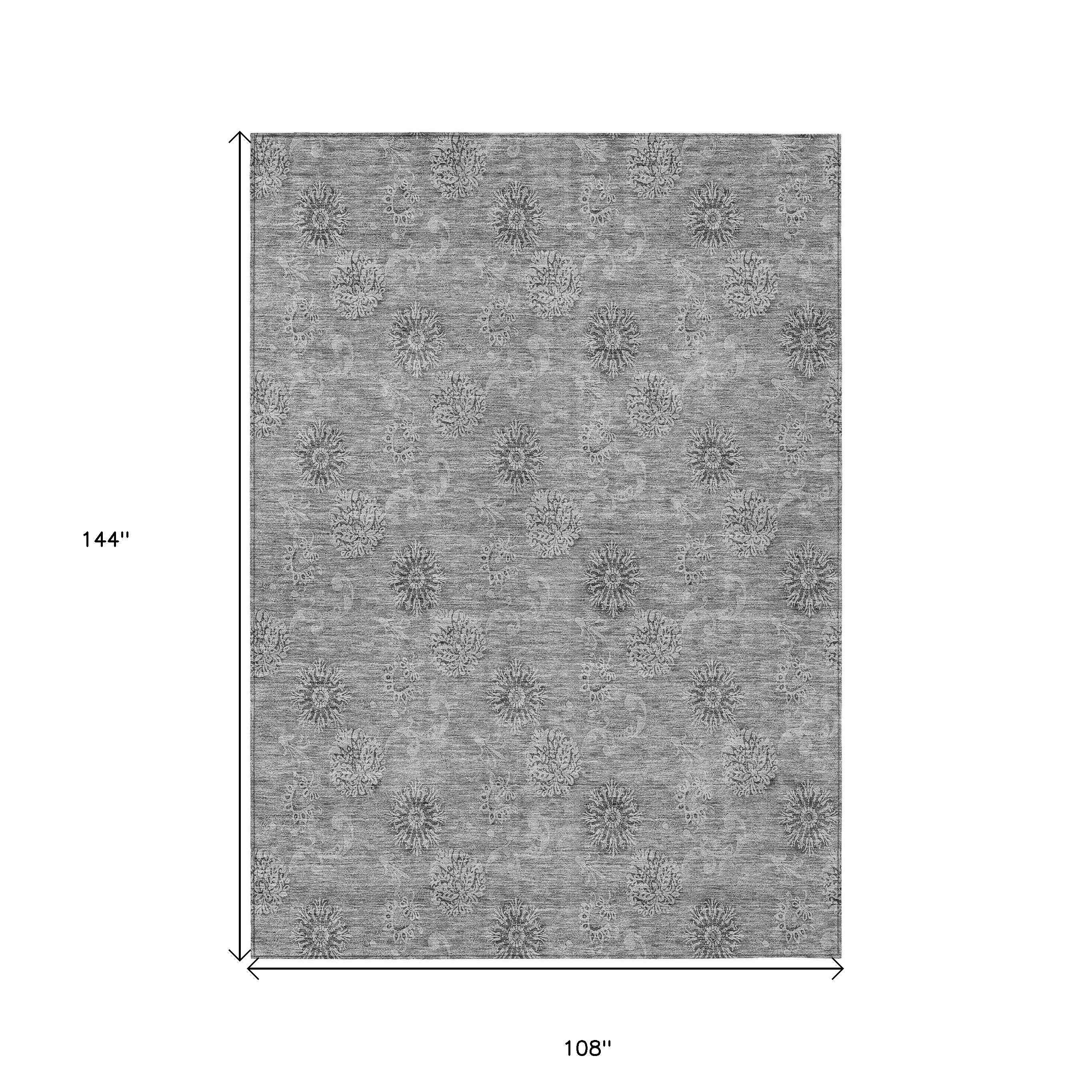 9' X 12' Pewter And Gray Floral Washable Indoor Outdoor Area Rug