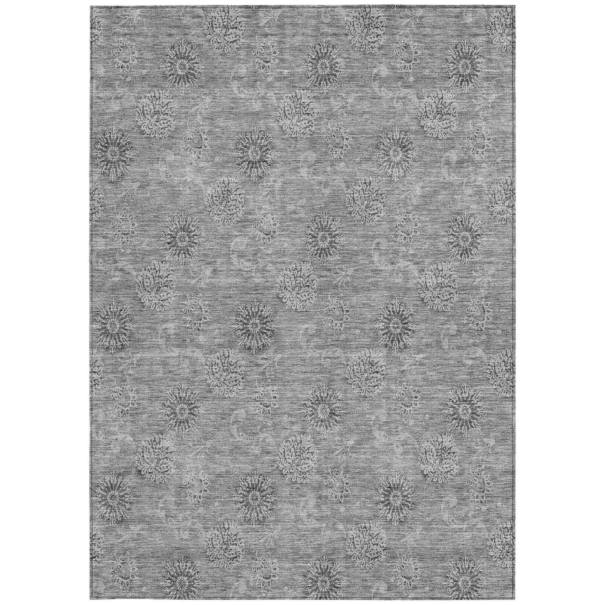 9' X 12' Pewter And Gray Floral Washable Indoor Outdoor Area Rug