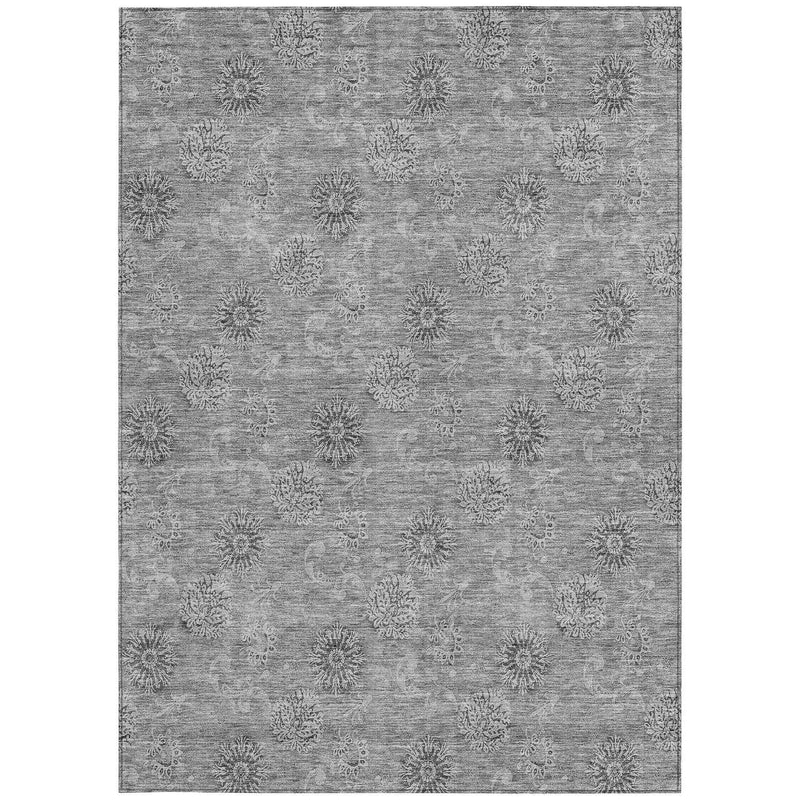 9' X 12' Pewter And Gray Floral Washable Indoor Outdoor Area Rug