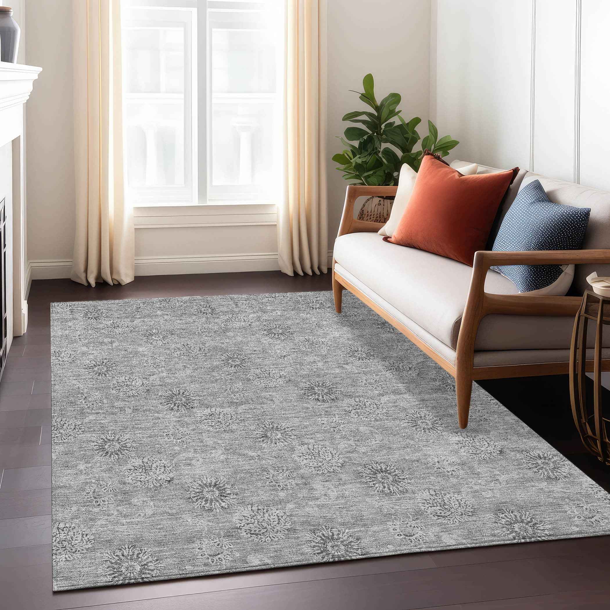 9' X 12' Pewter And Gray Floral Washable Indoor Outdoor Area Rug