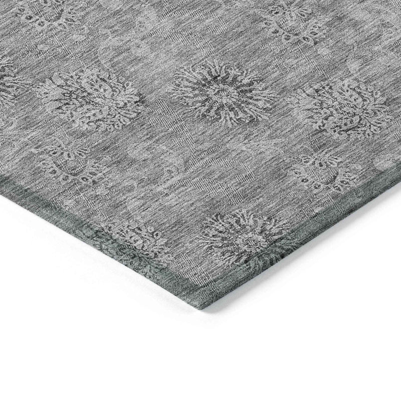 9' X 12' Pewter And Gray Floral Washable Indoor Outdoor Area Rug