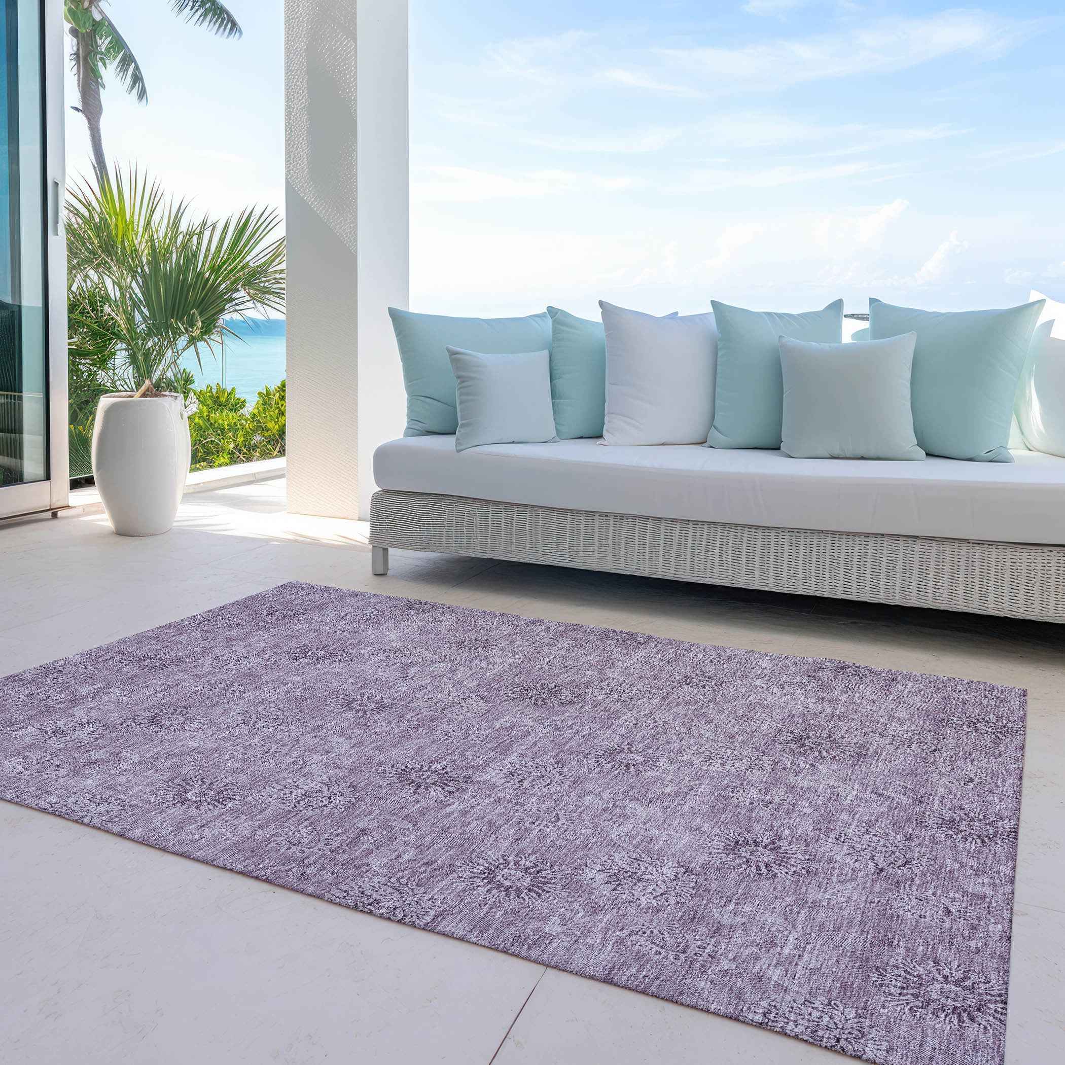 10' X 14' Plum And Purple Floral Washable Indoor Outdoor Area Rug
