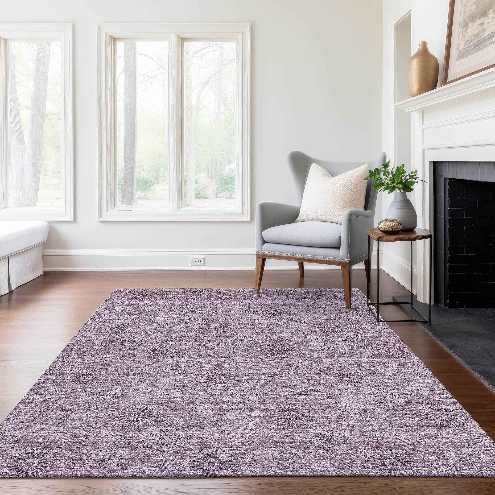 10' X 14' Plum And Purple Floral Washable Indoor Outdoor Area Rug
