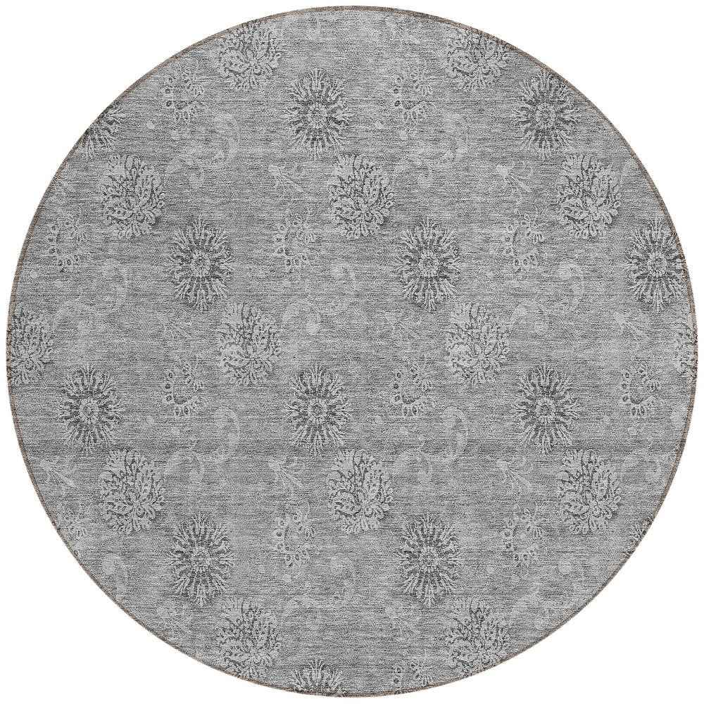8' Pewter And Gray Round Floral Washable Indoor Outdoor Area Rug