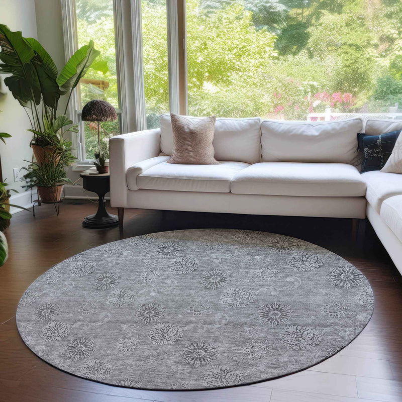 8' Pewter And Gray Round Floral Washable Indoor Outdoor Area Rug