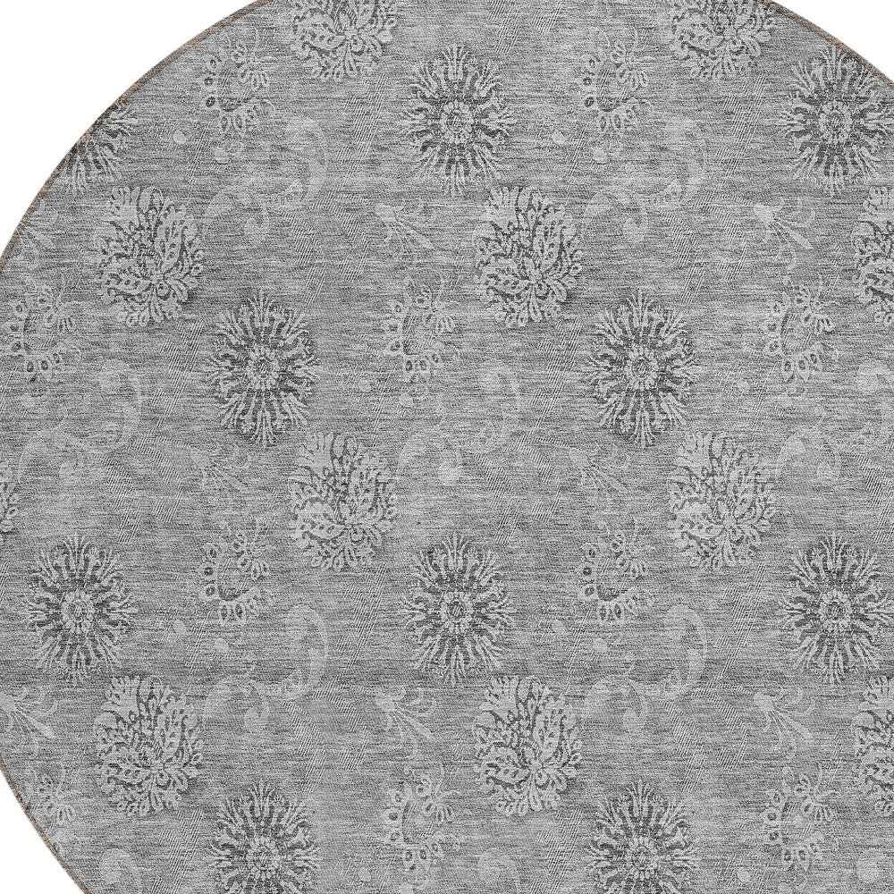 8' Pewter And Gray Round Floral Washable Indoor Outdoor Area Rug