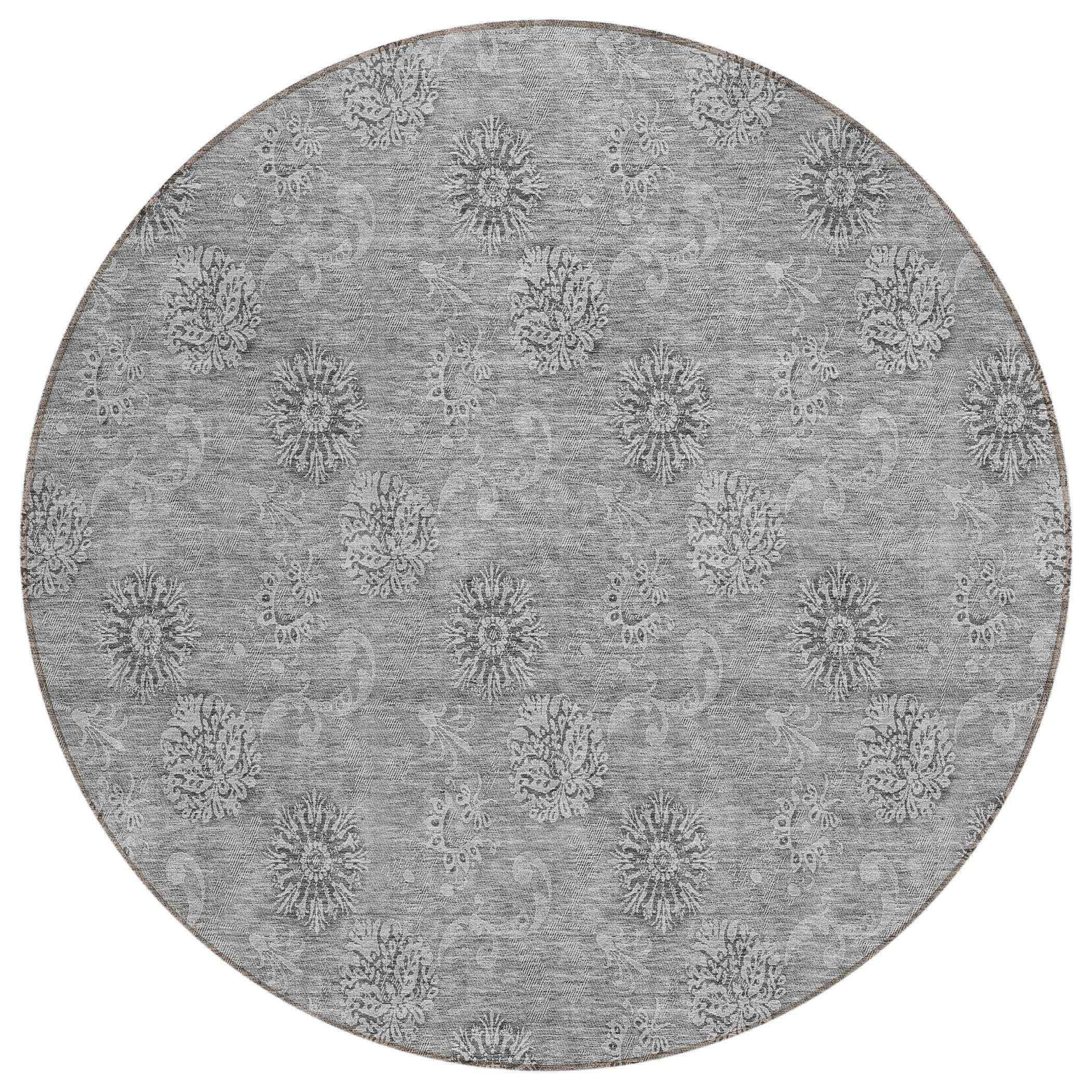 8' Pewter And Gray Round Floral Washable Indoor Outdoor Area Rug