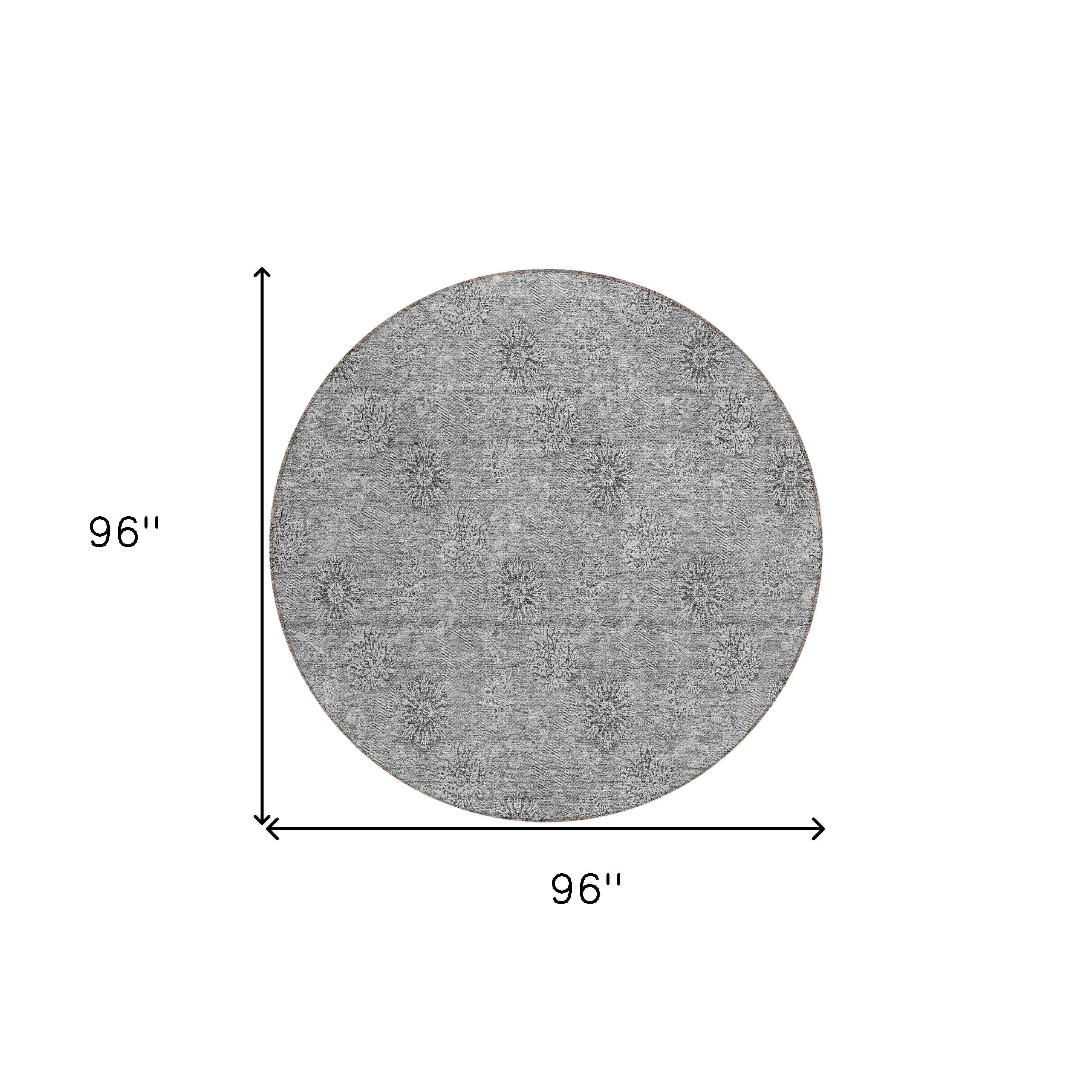 8' Pewter And Gray Round Floral Washable Indoor Outdoor Area Rug