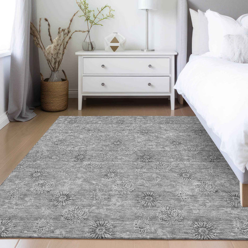 5' X 8' Pewter And Gray Floral Washable Indoor Outdoor Area Rug