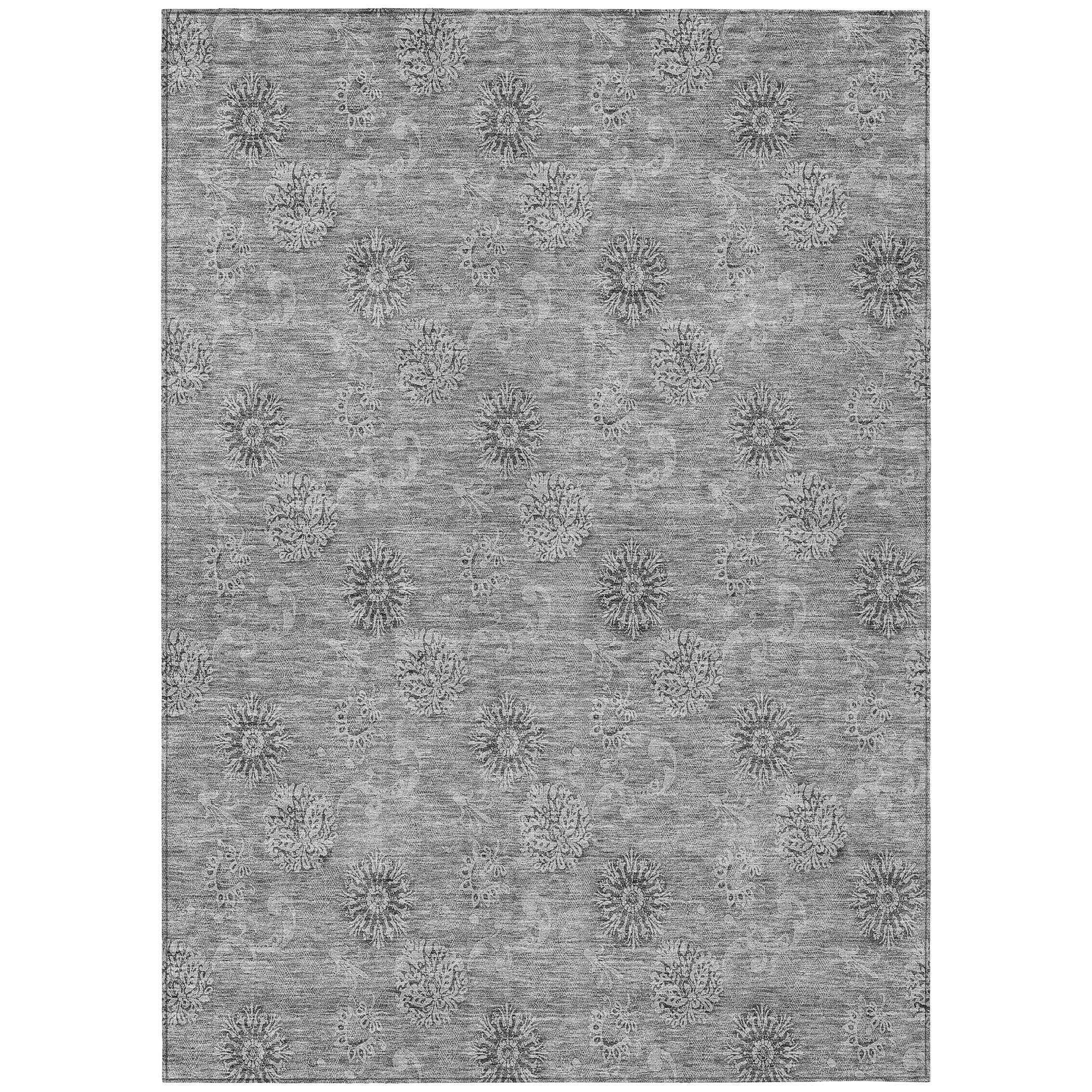 5' X 8' Pewter And Gray Floral Washable Indoor Outdoor Area Rug
