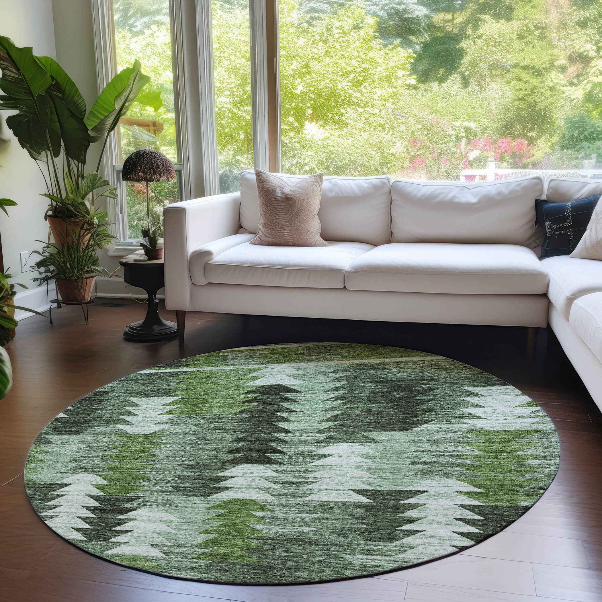 8' Olive Green And Fern Green Round Southwestern Washable Indoor Outdoor Area Rug
