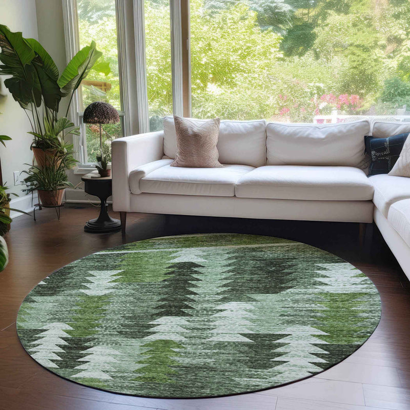 8' Olive Green And Fern Green Round Southwestern Washable Indoor Outdoor Area Rug