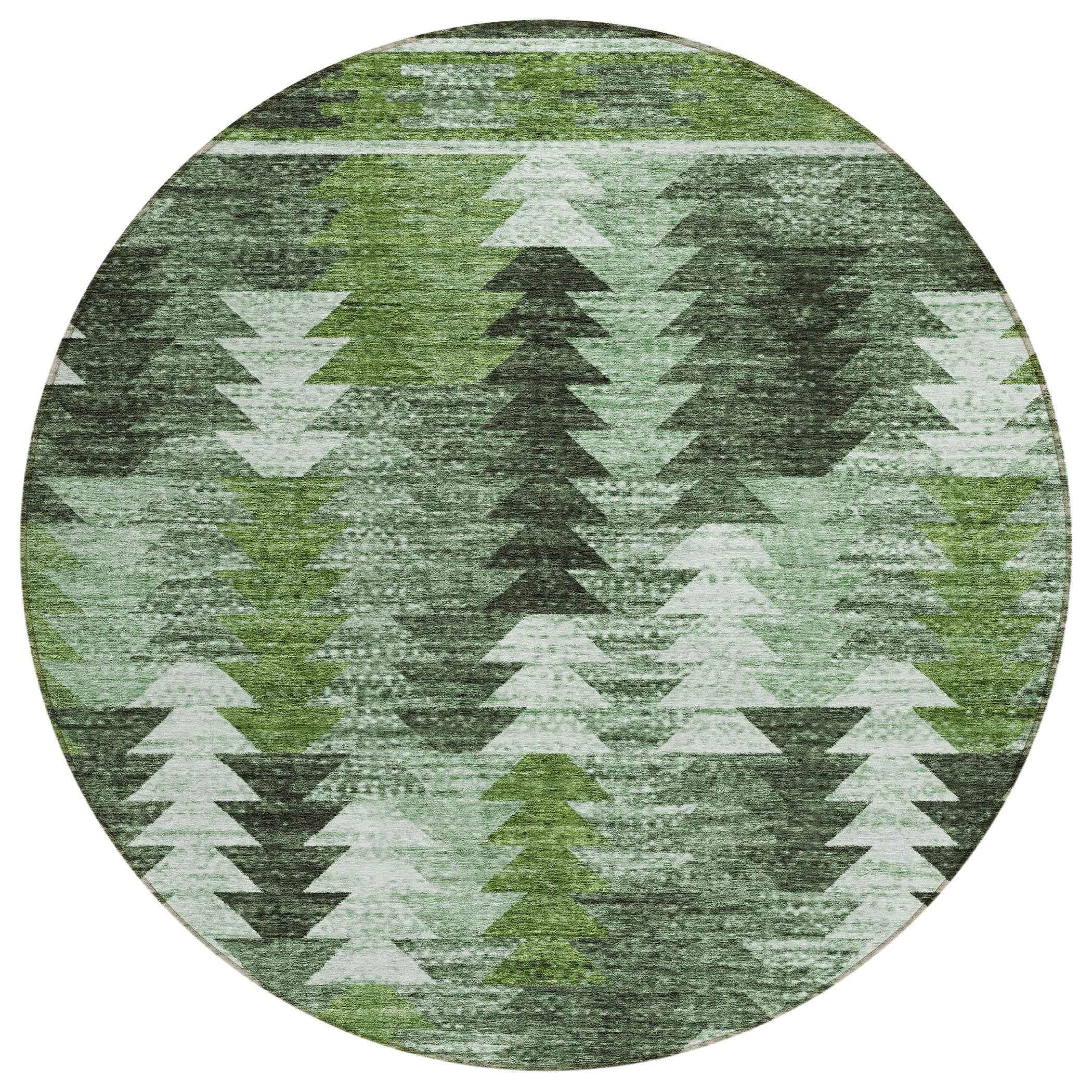 8' Olive Green And Fern Green Round Southwestern Washable Indoor Outdoor Area Rug