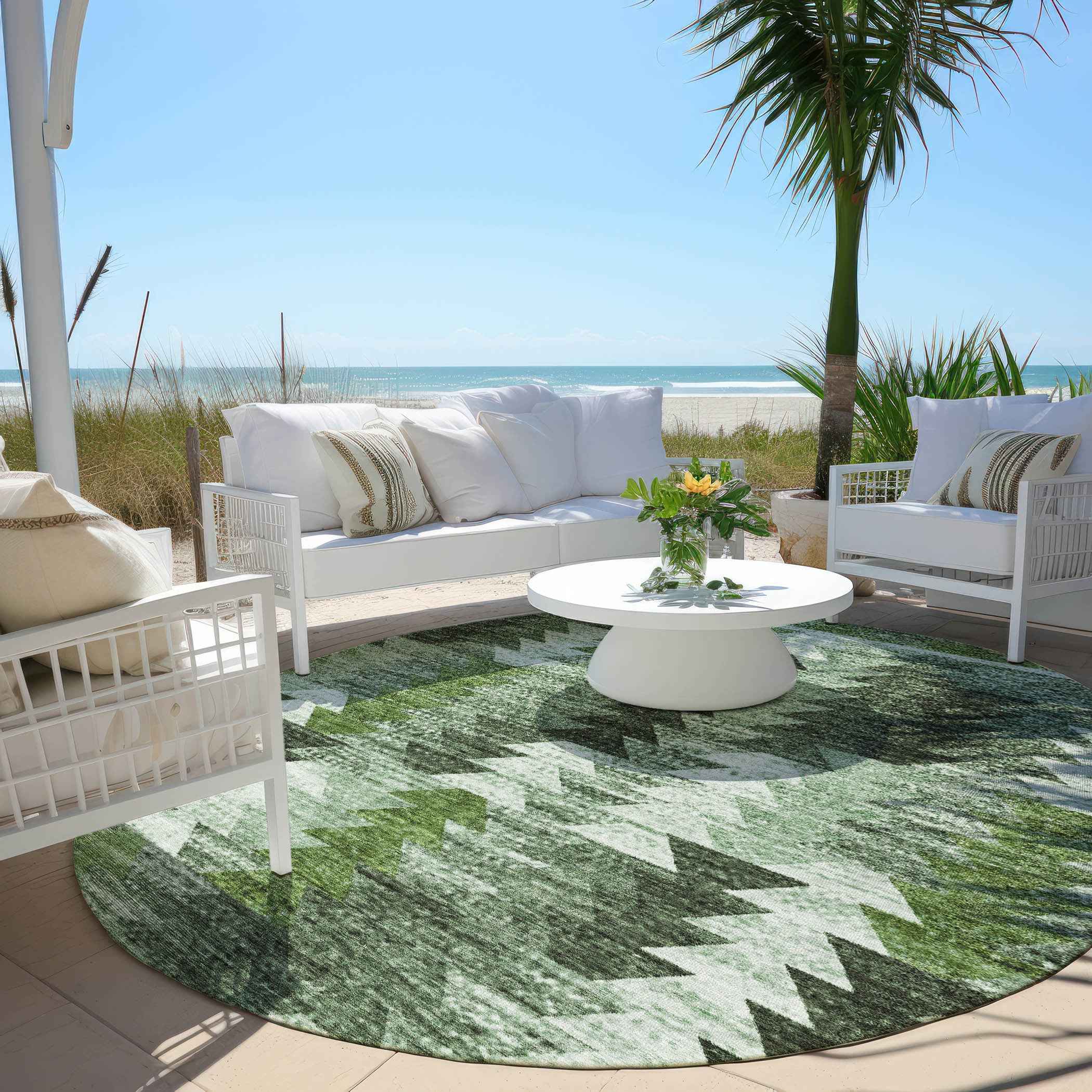 8' Olive Green And Fern Green Round Southwestern Washable Indoor Outdoor Area Rug