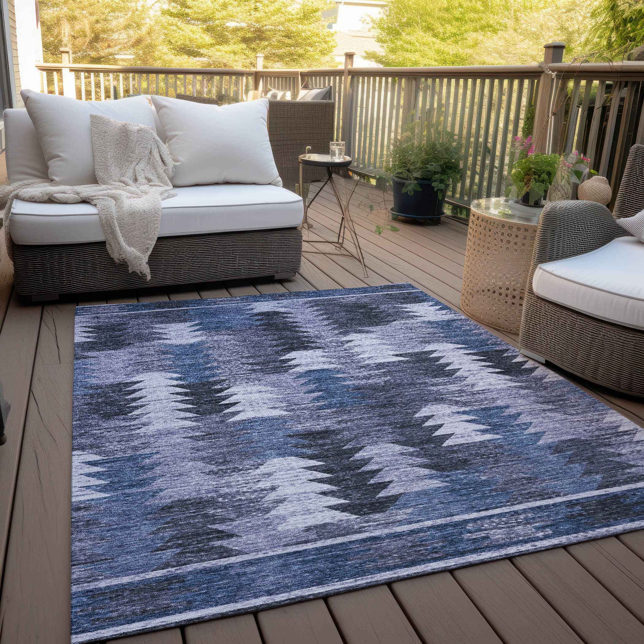 3' X 5' Navy Blue And Sky Blue Southwestern Washable Indoor Outdoor Area Rug