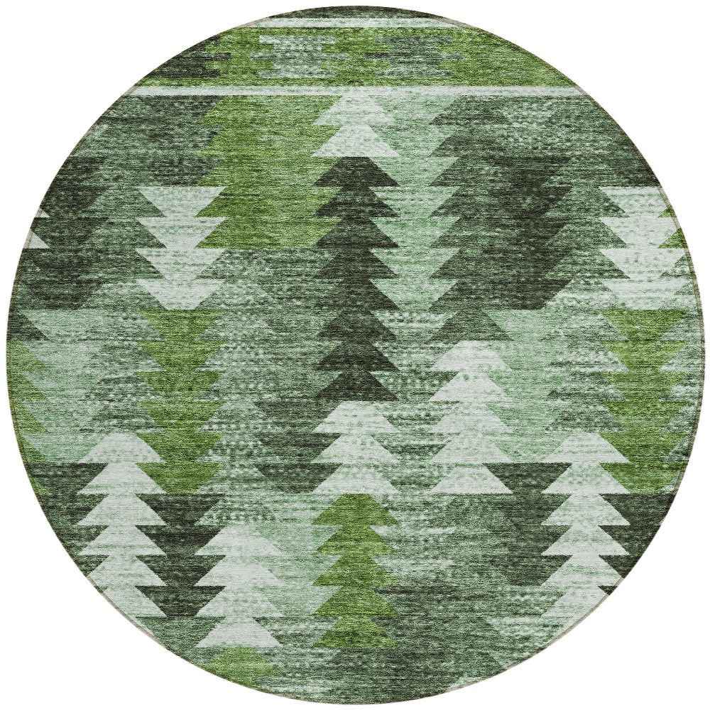 8' Olive Green And Fern Green Round Southwestern Washable Indoor Outdoor Area Rug