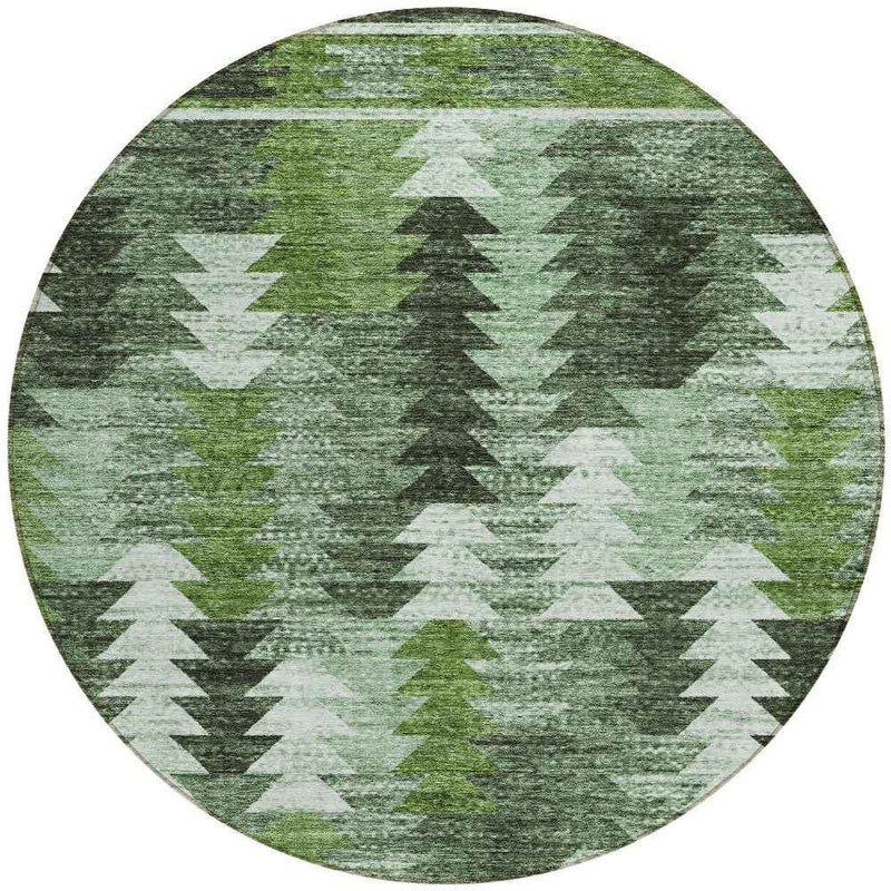 8' Olive Green And Fern Green Round Southwestern Washable Indoor Outdoor Area Rug