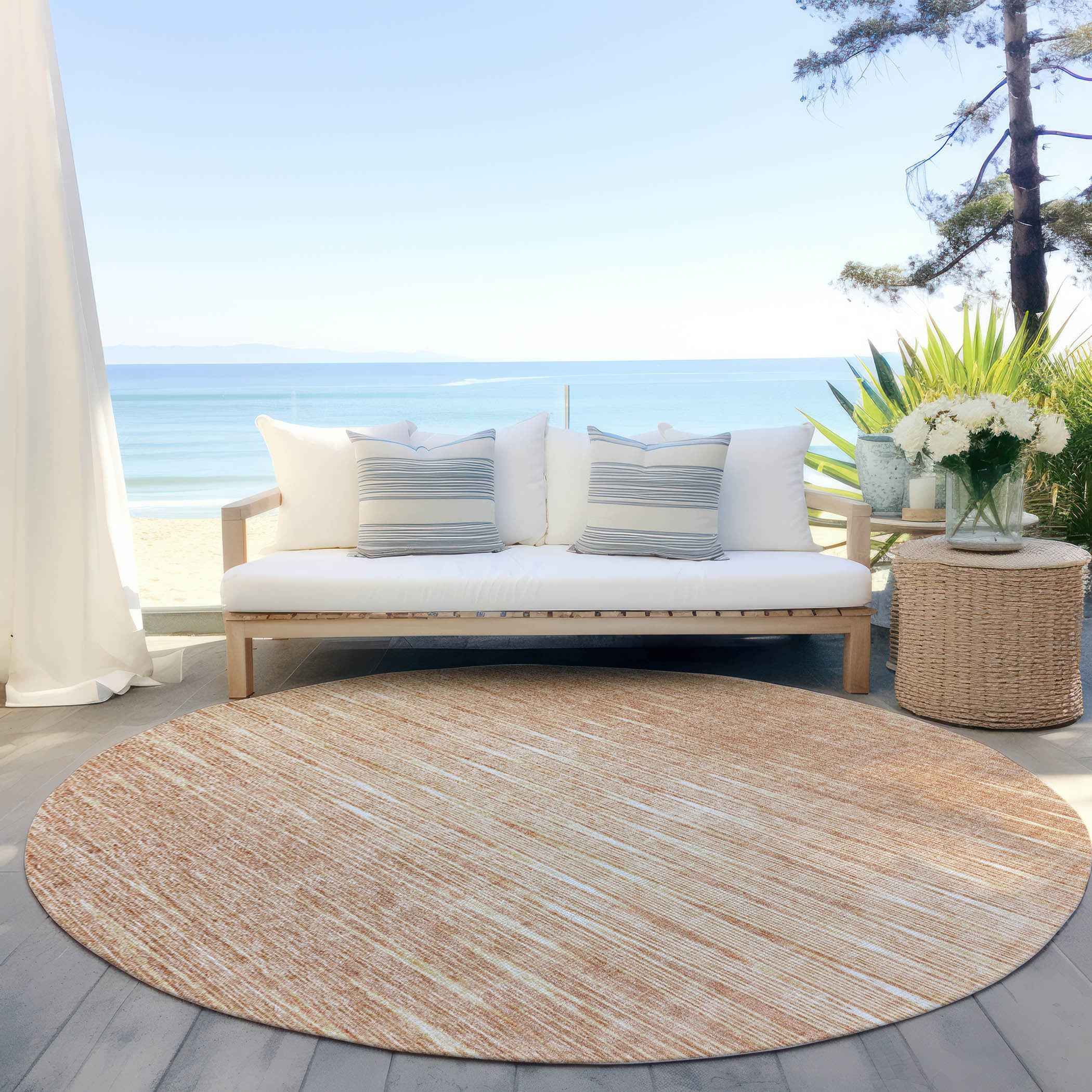 8' Salmon And Ivory Round Abstract Washable Indoor Outdoor Area Rug