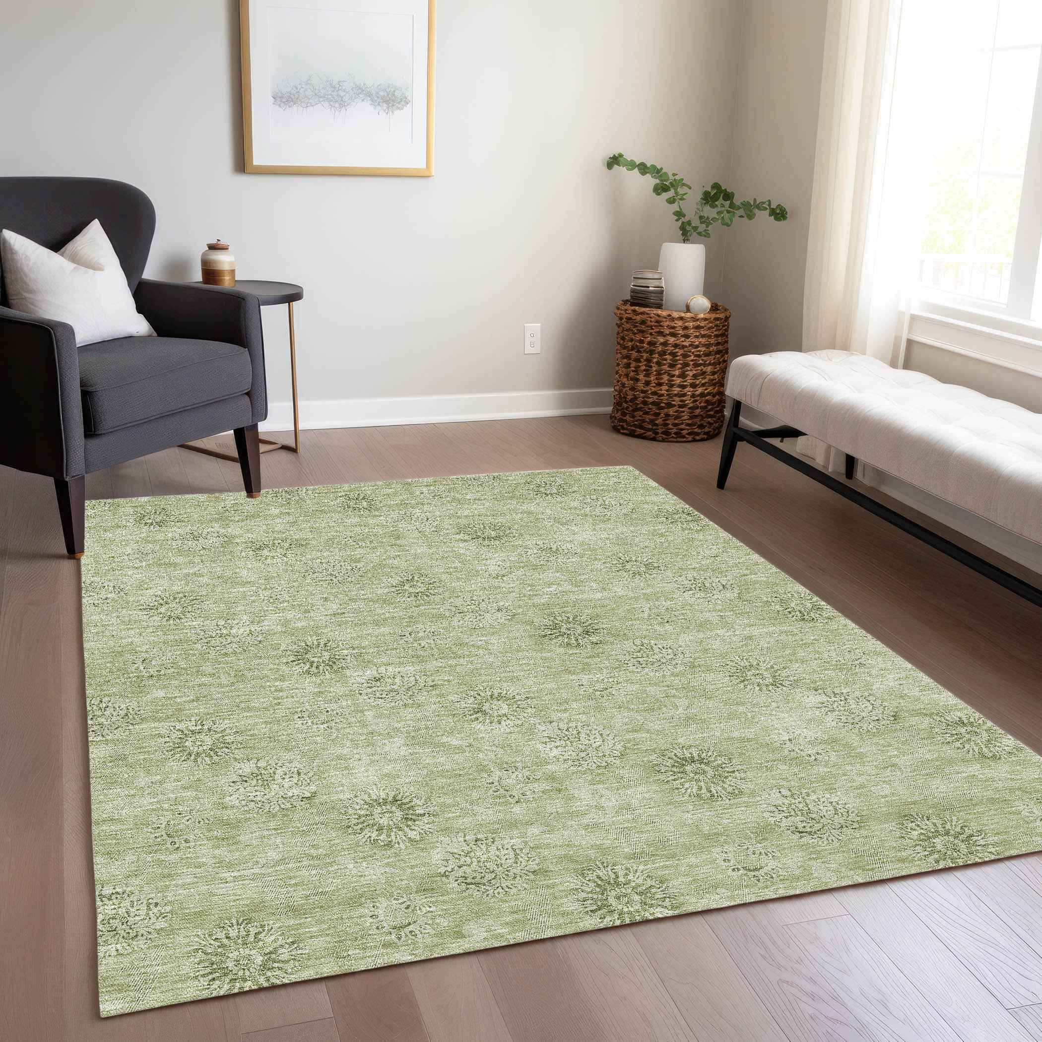 5' X 8' Sage And Artichoke Green Floral Washable Indoor Outdoor Area Rug