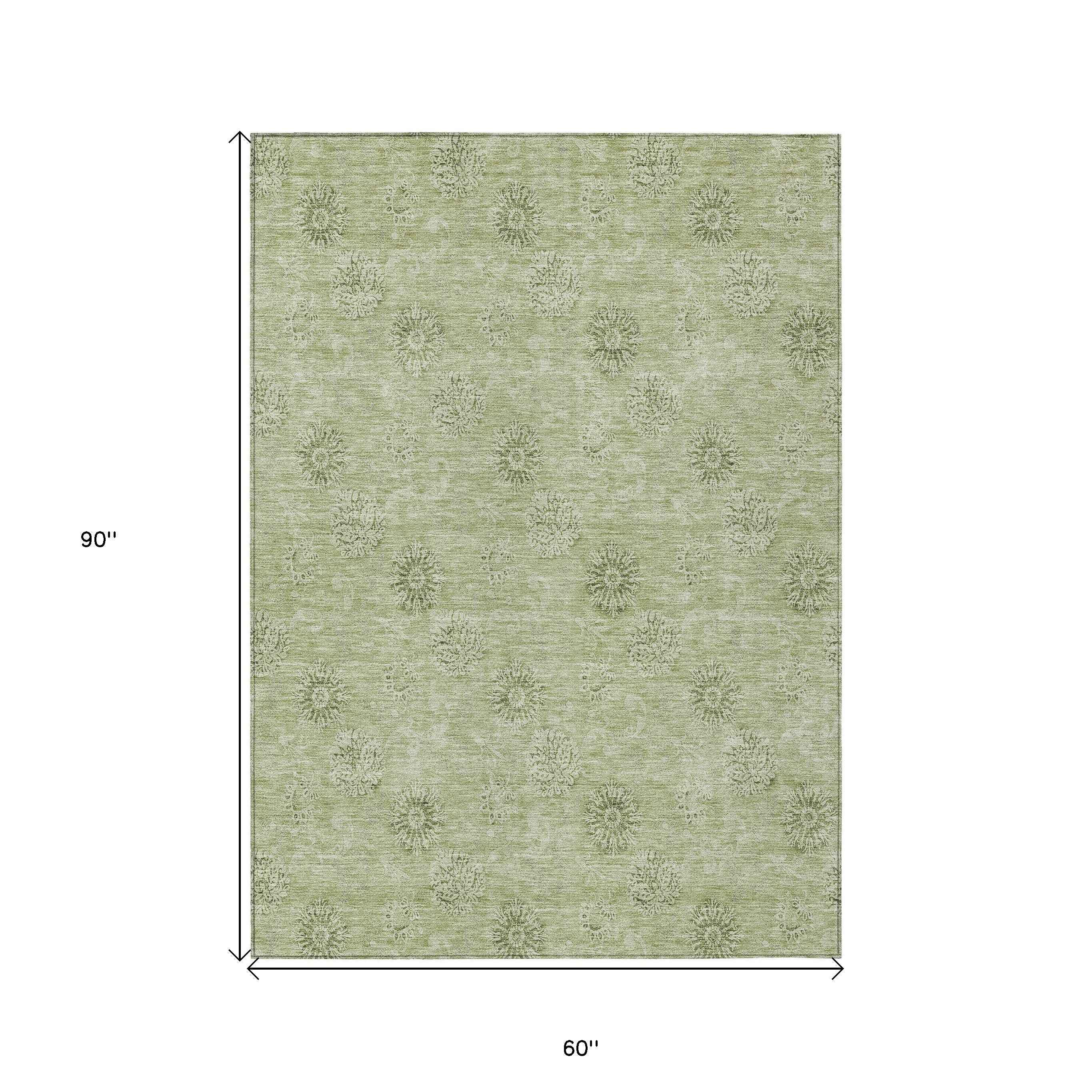 5' X 8' Sage And Artichoke Green Floral Washable Indoor Outdoor Area Rug