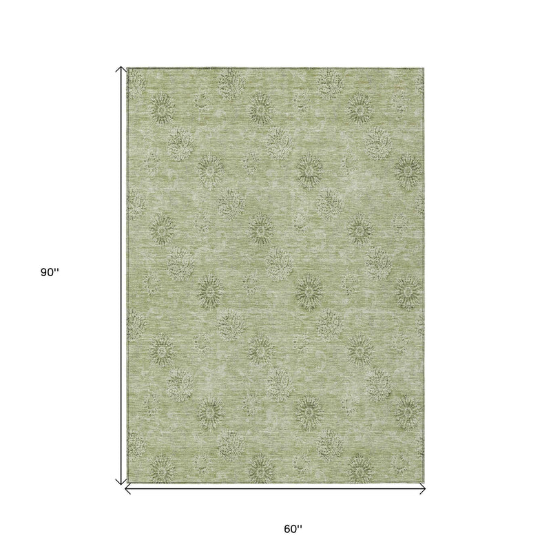 5' X 8' Sage And Artichoke Green Floral Washable Indoor Outdoor Area Rug