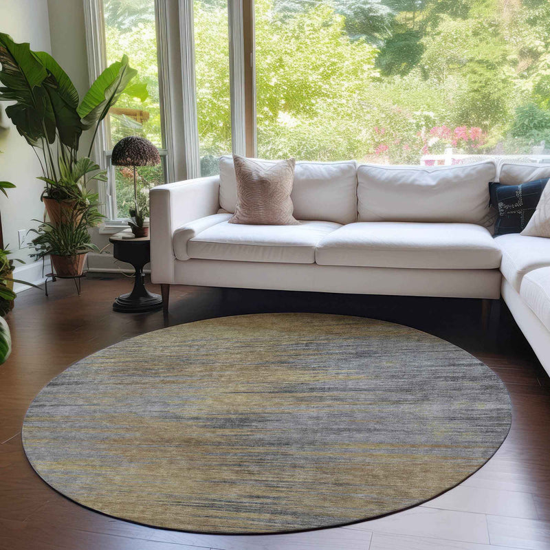 8' Brown Gold And Taupe Round Abstract Washable Indoor Outdoor Area Rug