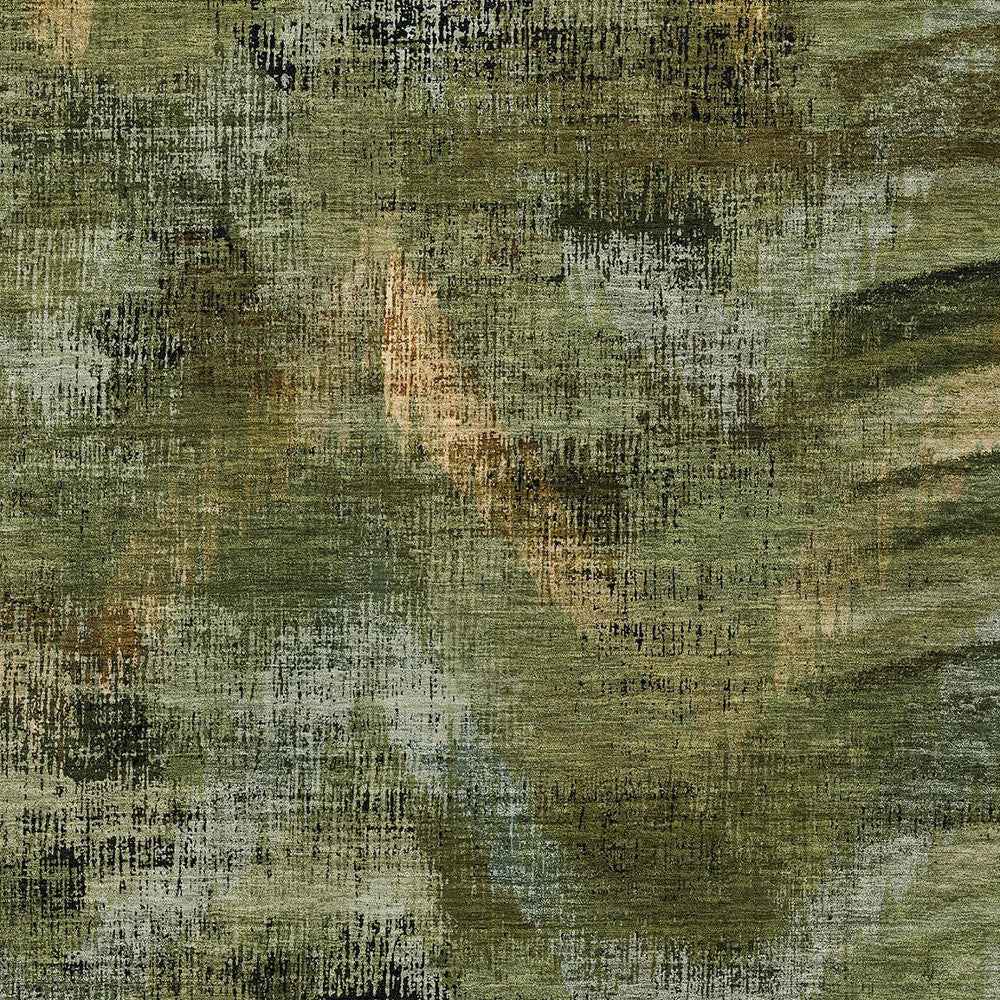 8' X 10' Olive Green And Gold Abstract Washable Indoor Outdoor Area Rug