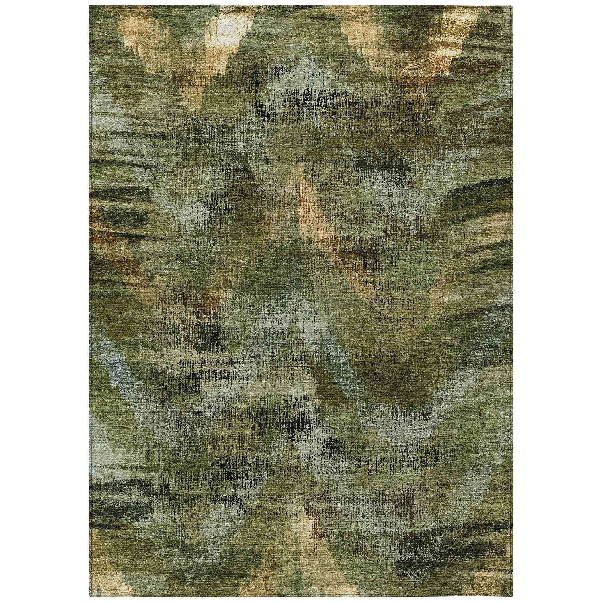 8' X 10' Olive Green And Gold Abstract Washable Indoor Outdoor Area Rug