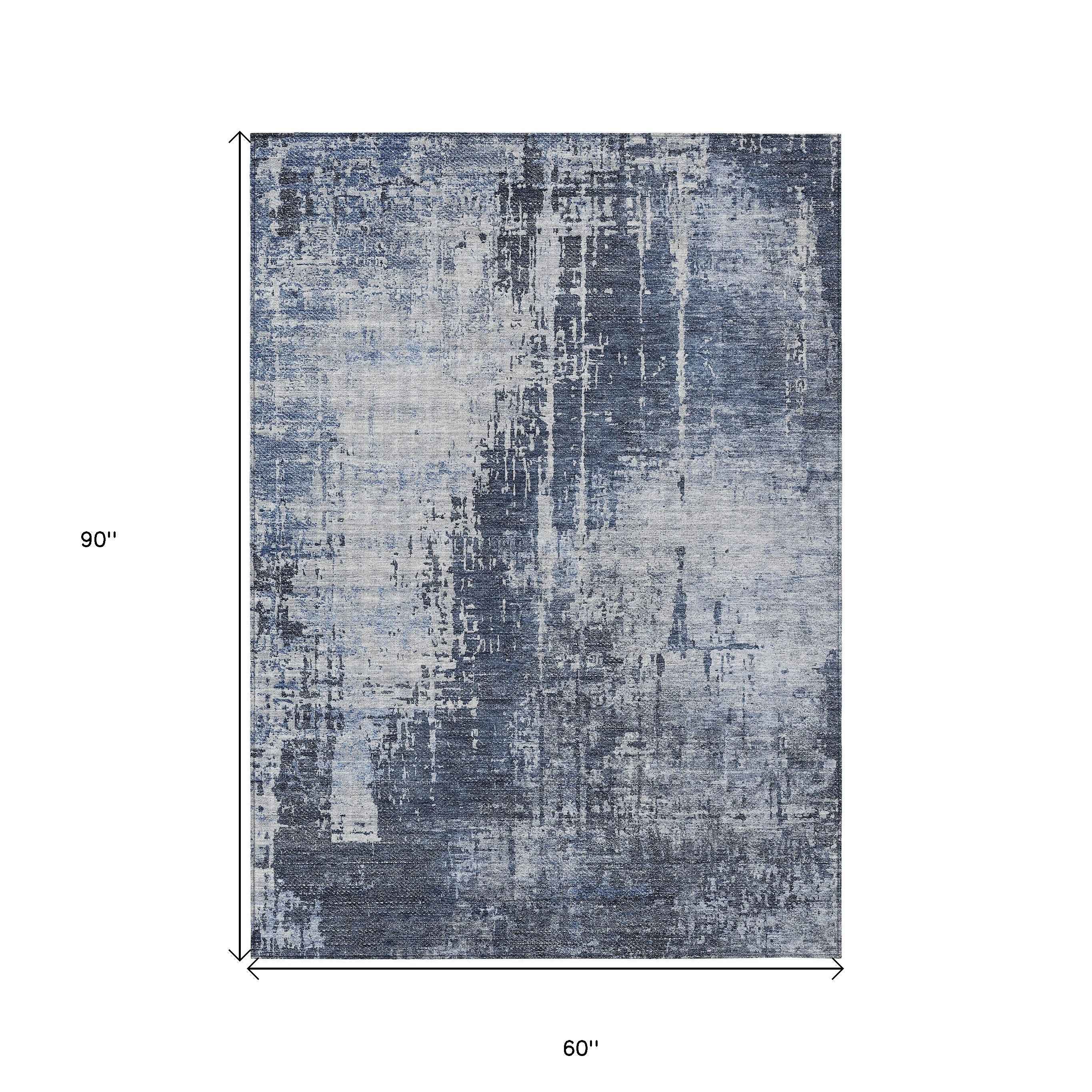 5' X 8' Navy Blue And Sky Blue Abstract Washable Indoor Outdoor Area Rug