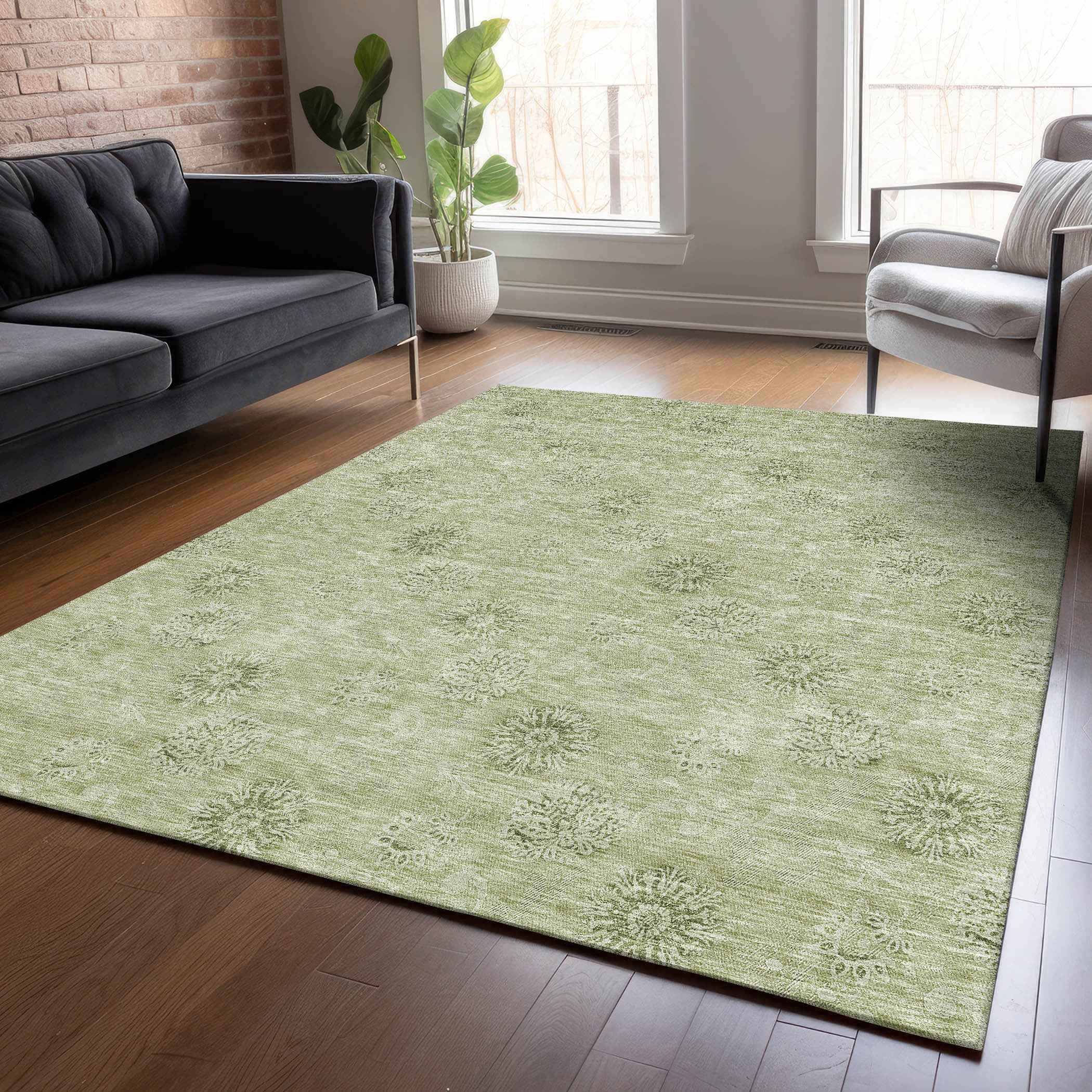 10' X 14' Sage And Artichoke Green Floral Washable Indoor Outdoor Area Rug