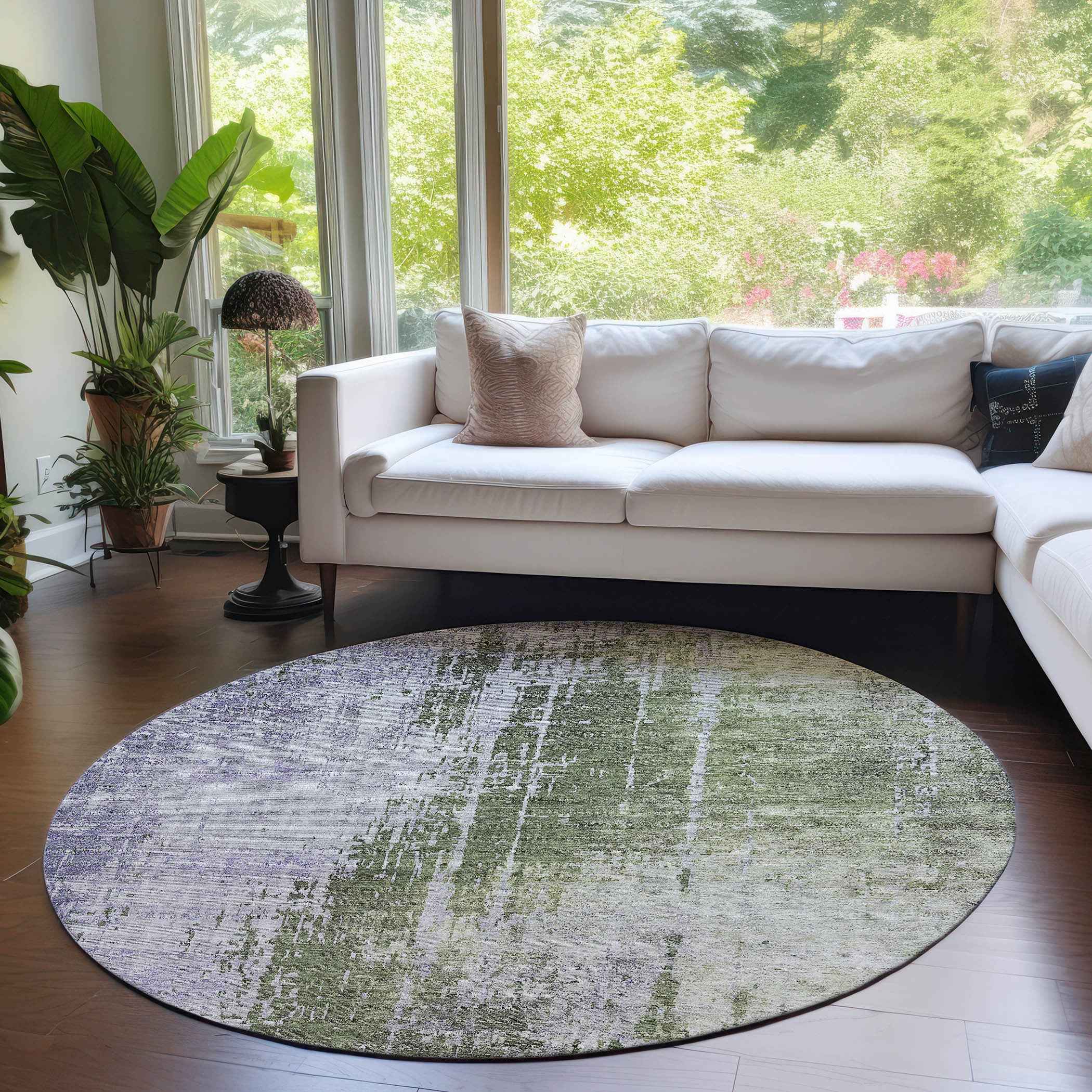 8' Olive Green And Purple Round Abstract Washable Indoor Outdoor Area Rug