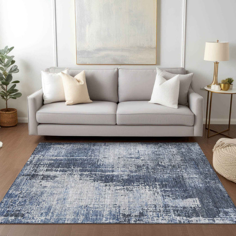 5' X 8' Navy Blue And Sky Blue Abstract Washable Indoor Outdoor Area Rug