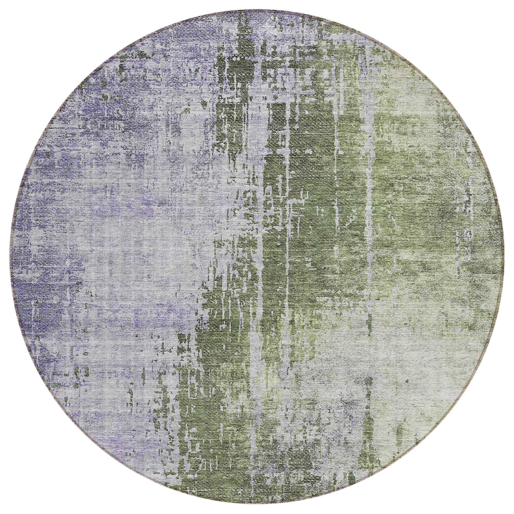 8' Olive Green And Purple Round Abstract Washable Indoor Outdoor Area Rug