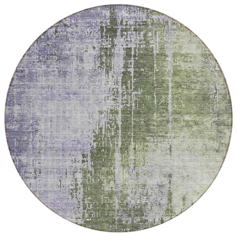 8' Olive Green And Purple Round Abstract Washable Indoor Outdoor Area Rug