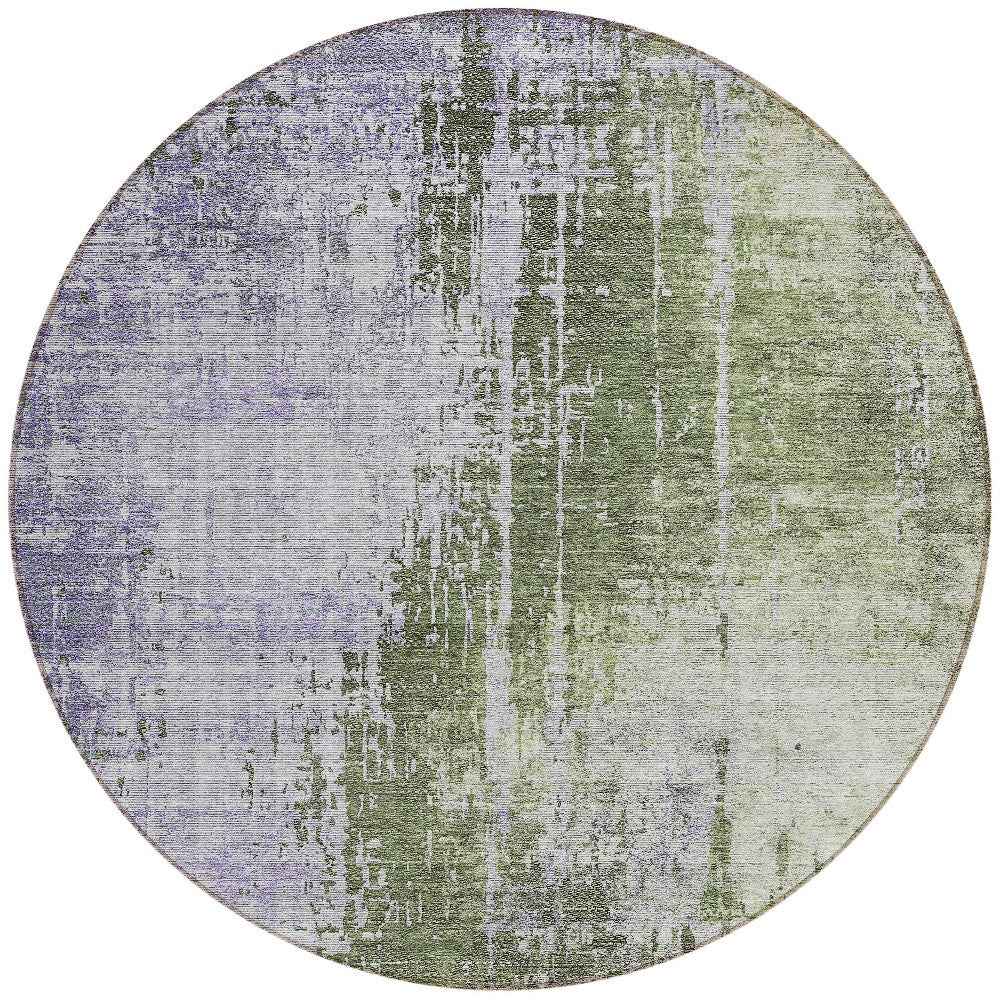 8' Olive Green And Purple Round Abstract Washable Indoor Outdoor Area Rug