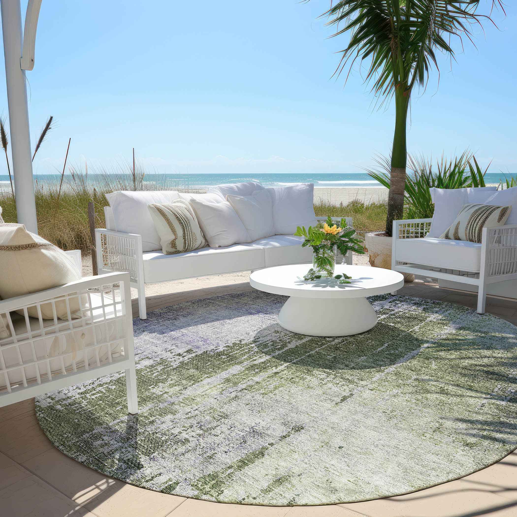 8' Olive Green And Purple Round Abstract Washable Indoor Outdoor Area Rug